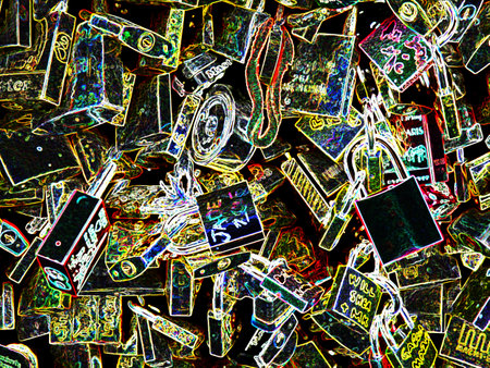 Abstract background of many padlocks on a black background. Computer generated graphics.
