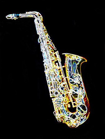 Saxophone on a black background, close-up, musical instrumentの写真素材