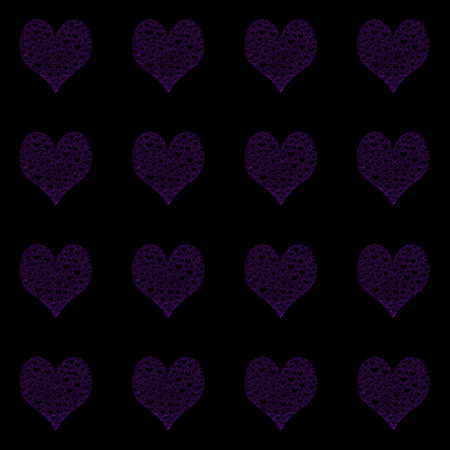 Seamless pattern with purple hearts on black background. Vector illustration.