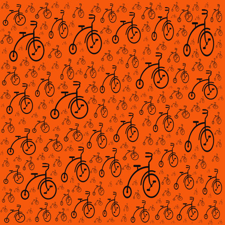 Vector seamless pattern with bicycles on a orange background. Monochrome illustration.の写真素材