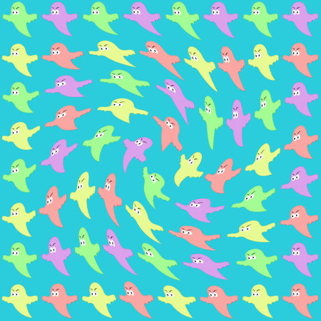 Seamless pattern with cute cartoon ghosts on a blue background.の写真素材
