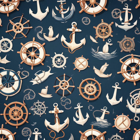 Seamless nautical pattern with anchors, steering wheels and ships