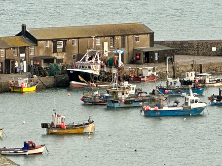 A view of the fishing boats in the harbour of Lyme Regis Dorset England