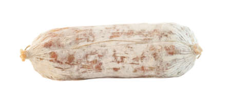 still life of an isolated salami on white backgroundの写真素材