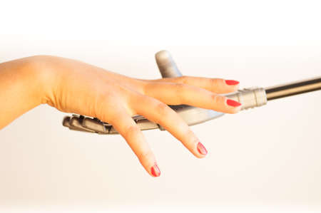 girl and robot handshakeの写真素材