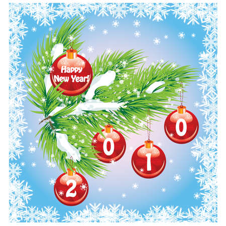 New Year's background with Christmas balls, fur-tree and snow.のイラスト素材