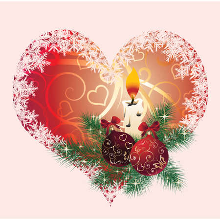 Christmas card with a candle, balls, hearts. vectorのイラスト素材