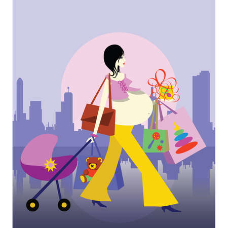 Shopping in the city. The pregnant woman buys gifts for the baby. Vectorのイラスト素材
