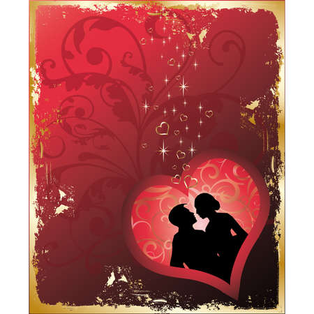 Love card with heart, lovers, floral ornament, vector のイラスト素材