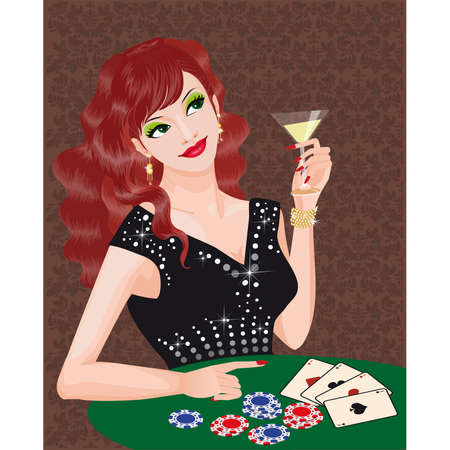 The green-eyed girl plays poker.のイラスト素材