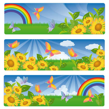 Three summer banners with sunflowers and a rainbow. のイラスト素材
