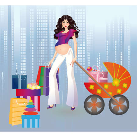 Pregnant girl and shopping in a cityのイラスト素材