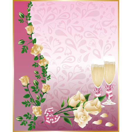 Wedding card with champagne and white roses のイラスト素材