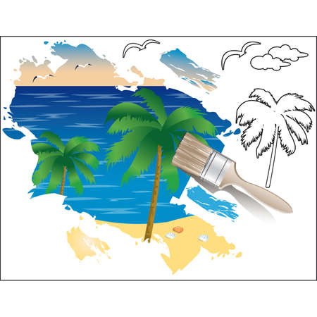 Summer drawing, palm trees and sea.のイラスト素材