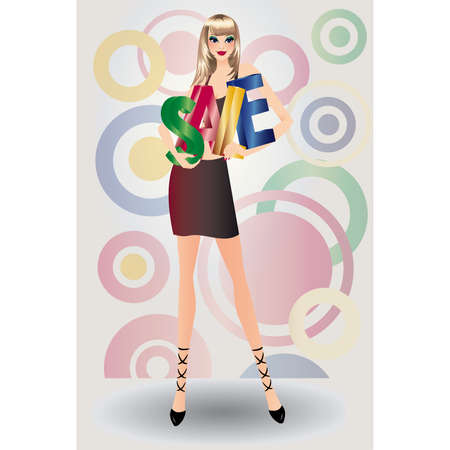 Blonde girl with letters of a word SALE in 3D imageのイラスト素材