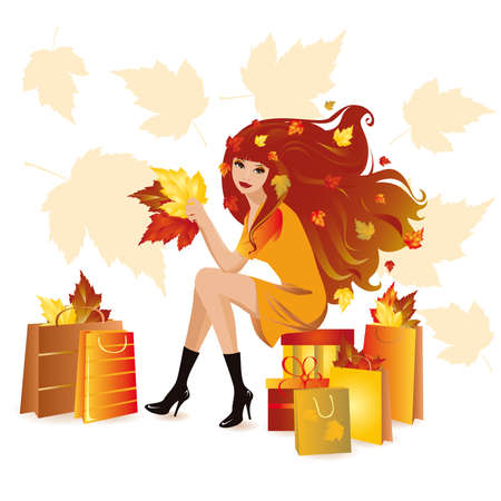Autumn shopping girl with bags のイラスト素材
