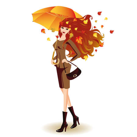 Autumn fashion woman with umbrella のイラスト素材