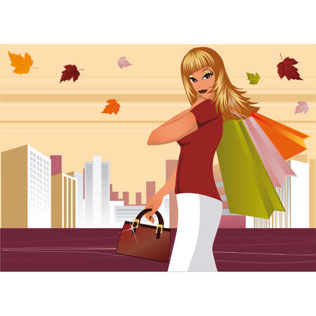 Autumn shopping. Fashion woman with bags in city のイラスト素材