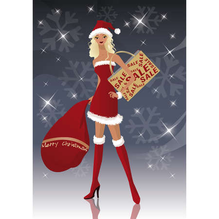 Santa-girl at christmas shopping season, vector のイラスト素材
