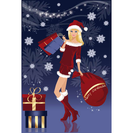 Christmas shopping card with Santa-girl , vector illustrationのイラスト素材