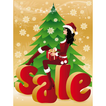 Christmas sale card. Santa-girl with gift. illustration.のイラスト素材
