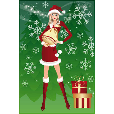 Christmas shopping. Santa-girl and bag.  illustration のイラスト素材