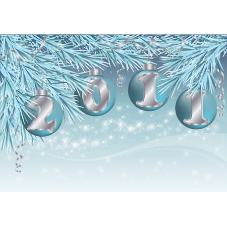 2011 blue Christmas balls decoration on tree.  illustrationのイラスト素材