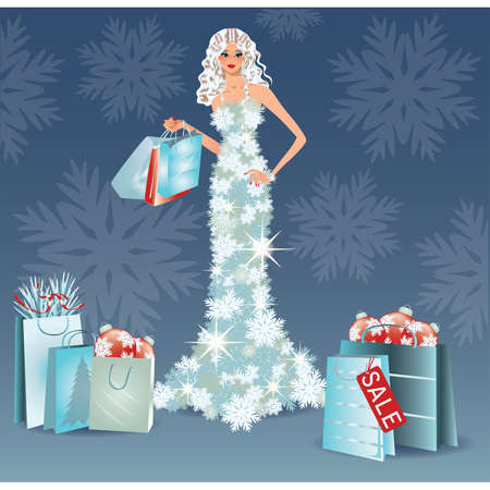 Christmas sale greeting card. Shopping winter girl. vector illustrationのイラスト素材