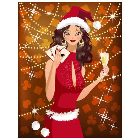 Christmas Poker girl with champagne. illustration のイラスト素材