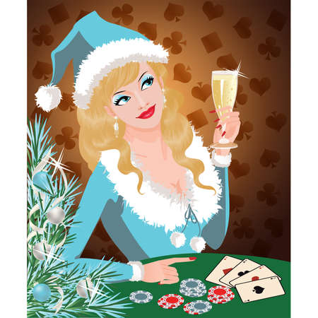 Casino Christmas card. Santa girl plays poker. vector のイラスト素材