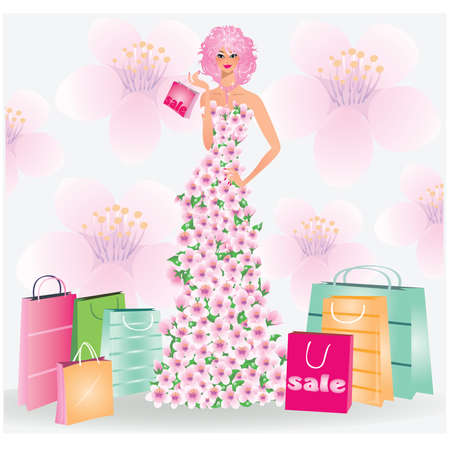 Spring sale girl. vector illustration のイラスト素材