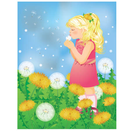 Little cute girl blowing a dandelion. vector illustrationのイラスト素材