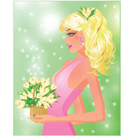 Beautiful girl with snowdrop bouquet, vector illustrationのイラスト素材