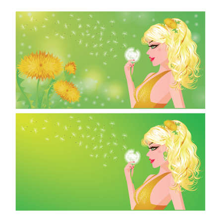 Spring banners. The young girl blows off a dandelion fuzz, vector illustrationのイラスト素材