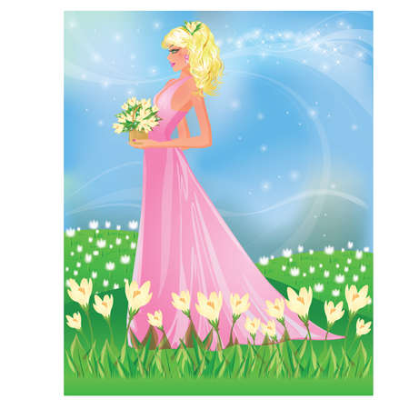 Spring card with girl and snowdrop, vector illustrationのイラスト素材