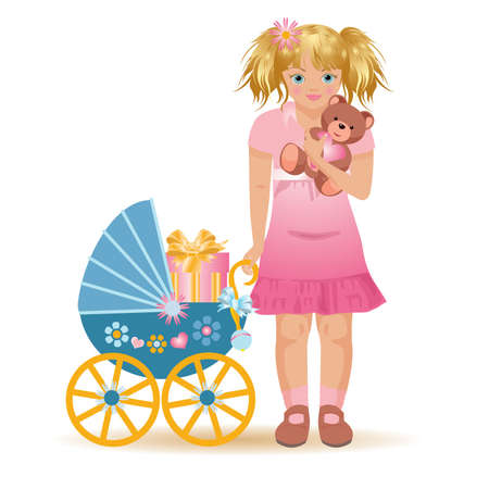 Little girl with teddy bear, vector illustrationのイラスト素材