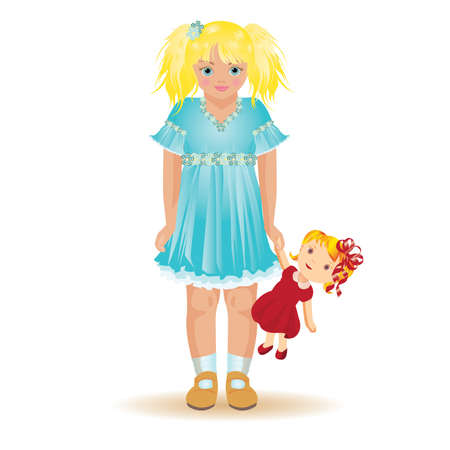 Beautiful blonde girl playing with a dolly, vector illustrationのイラスト素材