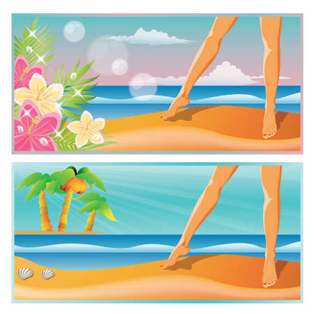 Summer time banners. A pair of feet on the beach. のイラスト素材