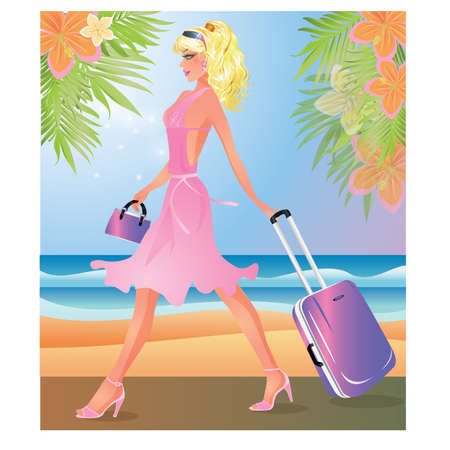 Blondie Girl with travel bag, vector illustrationのイラスト素材