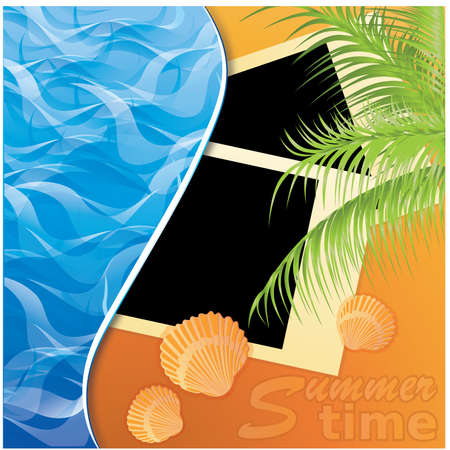 Summer time. Photo card on sand beach of a sea. vector illustrationのイラスト素材