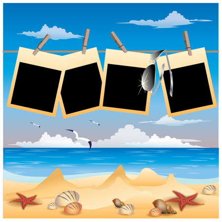Summer beach background with photo frame, vector illustrationのイラスト素材