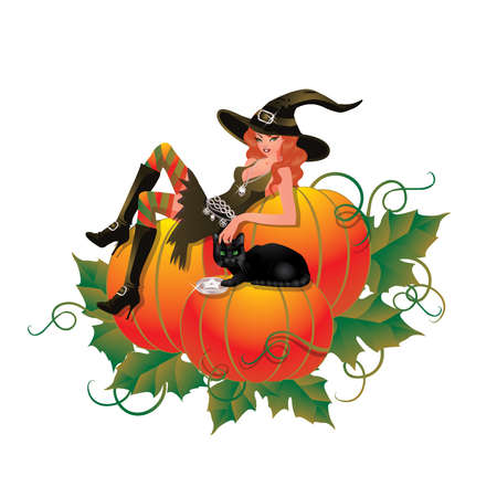 Witch with pumpkin and black catのイラスト素材