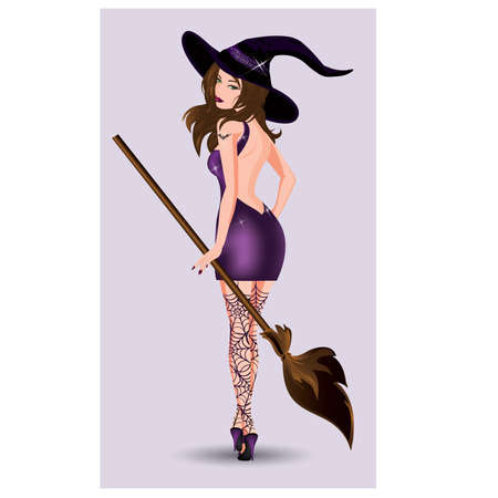 Sexy witch with broom, vector illustrationのイラスト素材