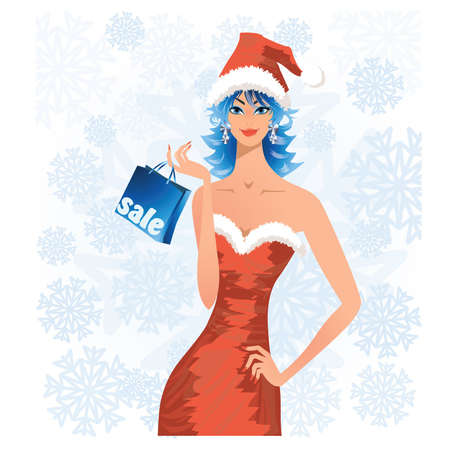 Christmas sale, woman in santa costume holding a shopping bag, vector illustration.のイラスト素材
