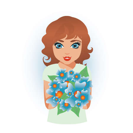 Pretty young girl greeting with flowers, vector illustrationのイラスト素材
