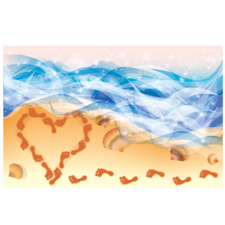 Summer card  Heart with footsteps on beach in sandy , vector illustrationのイラスト素材