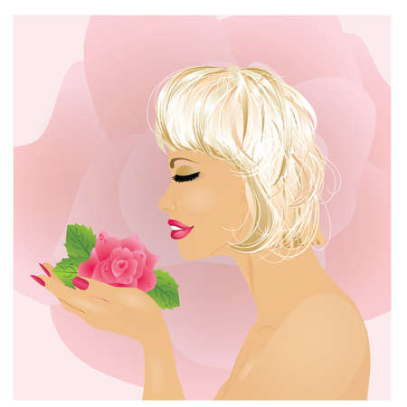 Beautiful girl with rose, vecor illustration のイラスト素材