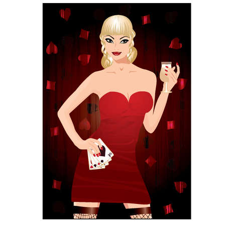 Beautiful girl with poker cards and champagne, vector illustrationのイラスト素材