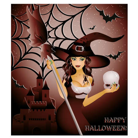 Happy halloween card, sexy witch and skull ,  illustrationのイラスト素材