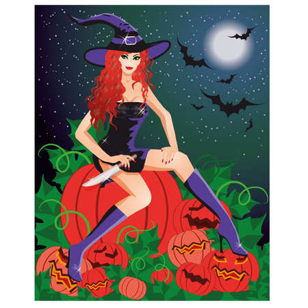 Red-haired witch with a knife sitting on a pumpkin,  illustrationのイラスト素材